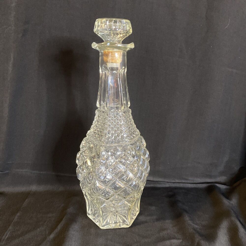 Vintage Cut Glass Decanter w Stopper 13” Tall Diamond Pattern Clear Bar Bottle